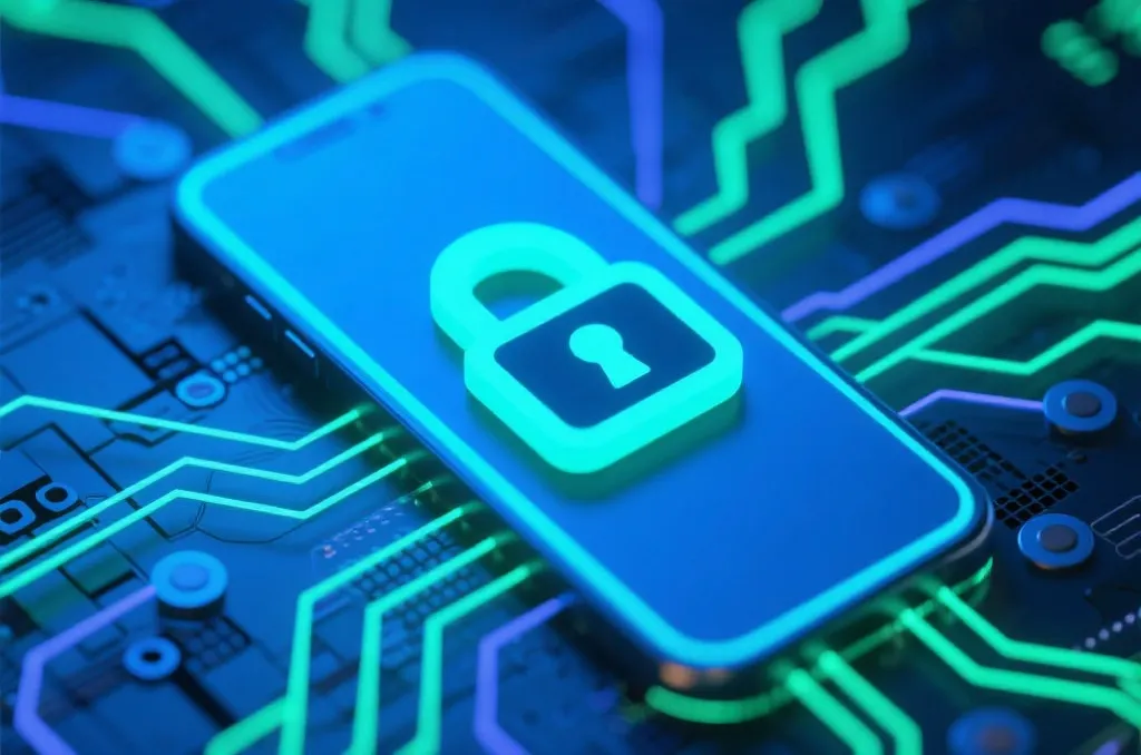 A conceptual digital illustration of mobile cybersecurity, a glowing padlock icon on a clean circuit board pattern with blue and green hues